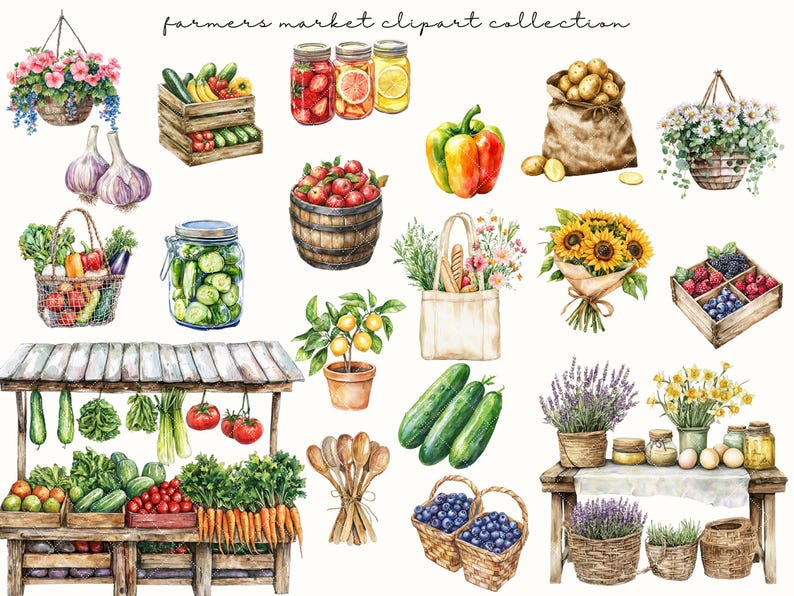 May include: Watercolour illustration of a farmer's market with various produce and floral arrangements. Includes wooden crates of vegetables, jars of preserves, a burlap sack of potatoes, and a wooden market stand with produce.
