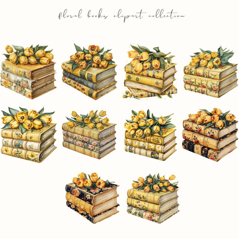 Floral book clipart featuring book stacks with flowers, perfect for booklovers and bookish aesthetics. Ideal for digital planners, stickers, and cozy creative projects.