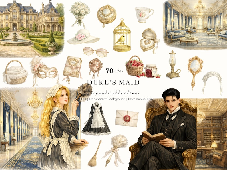 Duke's Maid Clipart Bundle PNG, Historical European Clipart, Palace Interior, Romantic Manor, Vintage Maid Graphics, Digital Sticker Planner