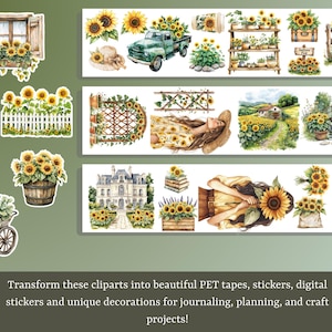 Watercolor Sunflower Lane clipart featuring cozy cottagecore sunflowers, floral baskets, and rustic summer vibes. Perfect for planner stickers, junk journals, and cottage-themed crafts.