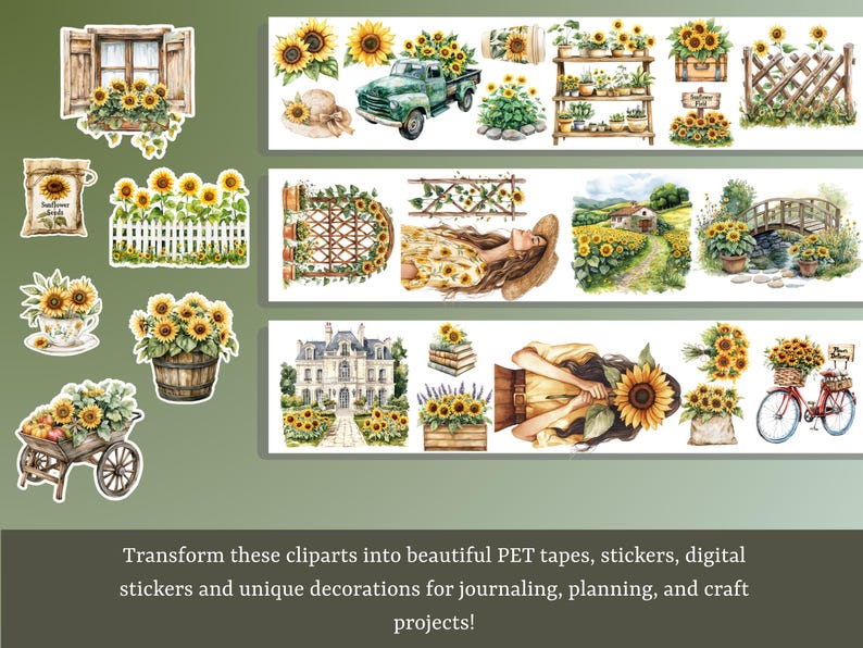 Watercolor Sunflower Lane clipart featuring cozy cottagecore sunflowers, floral baskets, and rustic summer vibes. Perfect for planner stickers, junk journals, and cottage-themed crafts.