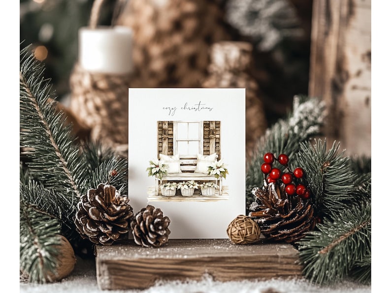 Watercolor cozy cabin clipart featuring boho Christmas elements, beige Christmas trees, sweaters, and holiday winter designs. Perfect for Christmas planners, scrapbooking, and digital projects