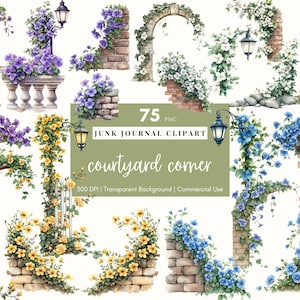 May include: 75 digital clipart images of brick walls, arches, and gates covered in vines and flowers. The images are perfect for junk journals, scrapbooking, and other crafting projects.  The images are 300 DPI and have a transparent background.