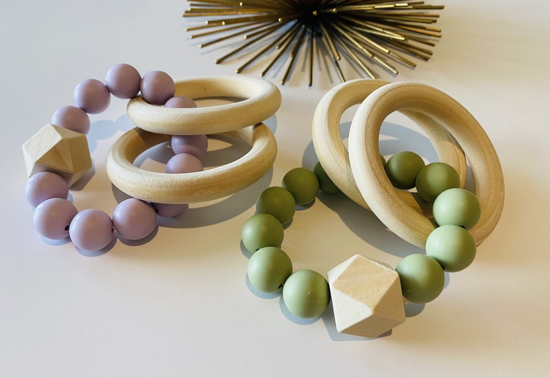 Neutral Baby Rattle, Wooden Toys, Silicone Beads, Sensory Toys, Wooden ...