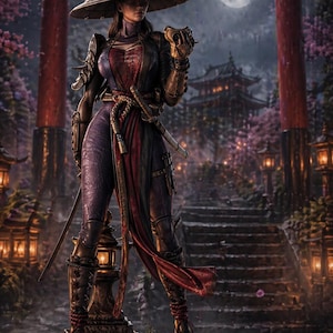 May include: A detailed statue of a female warrior in ornate armor, holding a skull, and a katana. She wears a wide-brimmed hat and stands before a traditional Japanese gate. The background features a full moon, a pagoda, and cherry blossoms.