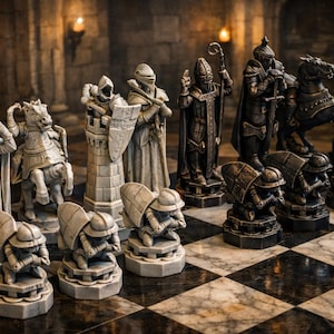 May include: A detailed chess set with pieces in shades of gray and black, arranged on a checkered board. The pieces include knights on horseback, rooks, bishops, and pawns, all intricately designed. The set is displayed in a dimly lit room with candle sconces.