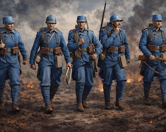 May include: Five soldiers in blue uniforms and helmets march forward in a war scene. They carry rifles, bayonets, and pouches. The background shows a smoky sky and flames, suggesting a battlefield setting.