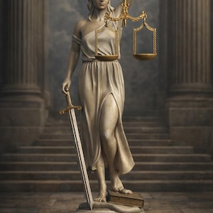Puede incluir: Estatua de la Justicia, con los ojos vendados, sosteniendo una balanza en una mano y una espada en la otra. La estatua se encuentra frente a una arquitectura clásica, con columnas y escaleras.