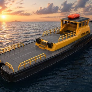 May include: A yellow and black boat with a cabin and railings, floating on the ocean at sunset. The boat has a flat deck and a small cabin with an orange life preserver on top. The water is dark blue, and the sky is a mix of orange and purple.
