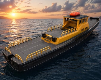 May include: A yellow and black boat with a cabin and railings, floating on the ocean at sunset. The boat has a flat deck and a small cabin with an orange life preserver on top. The water is dark blue, and the sky is a mix of orange and purple.