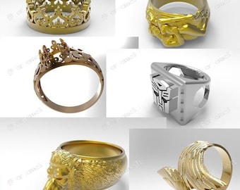 May include: A collection of five gold and silver rings with different designs. The rings feature a crown, a lion head, a geometric design, a figure of a woman, and a swirling pattern.