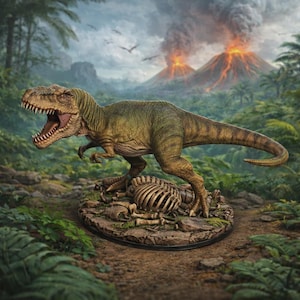 Puede incluir: Figura detallada de un Tyrannosaurus Rex, en tonos verdes y marrones, con la boca abierta, revelando dientes. El dinosaurio se alza sobre una base con un esqueleto. El fondo muestra una erupción volcánica y exuberante follaje.