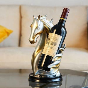 May include: A gold and silver horse-shaped wine bottle holder with a bottle of red wine inside. The bottle label reads "Dos Huertias 2010 Crianza".