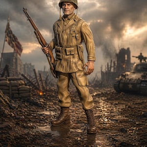 Könnte beinhalten: Ein Soldat in beiger Uniform und Helm steht in einer kriegszerstörten Landschaft und hält ein Gewehr. Die Szene umfasst einen Panzer, die amerikanische Flagge und Stacheldraht unter einem bewölkten Himmel. Der Soldat trägt braune Stiefel.