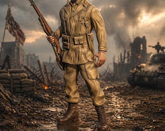 May include: A soldier in a tan uniform and helmet stands in a war-torn landscape, holding a rifle. The scene includes a tank, American flag, and barbed wire, with a cloudy sky overhead. The soldier wears brown boots.
