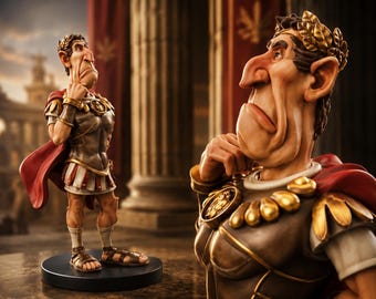 May include: Two detailed figurines of a Roman emperor, one standing and one in a close-up view. The figures wear ornate armor with gold accents, red capes, and laurel wreaths. The standing figure is on a black base.