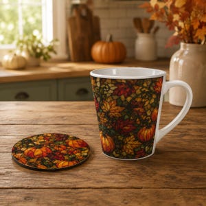 Set di tazza e sottobicchiere autunnali, set di tazze con zucca, regalo autunnale, decorazioni autunnali, tazza da cucina, decorazioni autunnali, decorazioni per la cucina, decorazioni per il Giorno del Ringraziamento