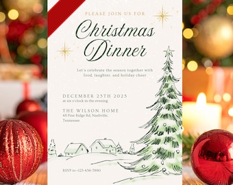 May include: Christmas Dinner invitation with a red ribbon, featuring a green Christmas tree illustration and the text "Christmas Dinner." The invitation includes the date, time, and location for the event.