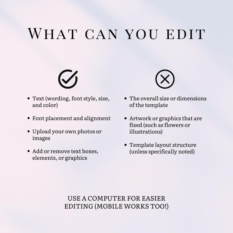 May include: A graphic with the text "WHAT CAN YOU EDIT" and bullet points detailing editable template features, including text, font, images, and graphics. It also lists what cannot be edited, such as template size and fixed artwork. The bottom text advises using a computer for easier editing.