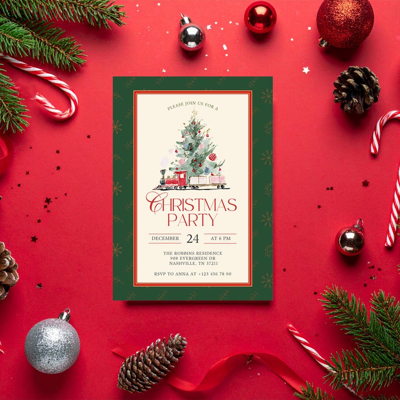 May include: A Christmas party invitation with a green border and a cream-colored center. The invitation features a watercolor illustration of a Christmas tree and a train. The text reads "Christmas Party" and includes the date and time.