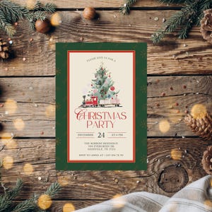 May include: Christmas party invitation with a watercolor illustration of a decorated Christmas tree and a toy train. The invitation has a green border with snowflakes and the text "Christmas Party" in red script. The invitation includes the date, time, address, and RSVP information.