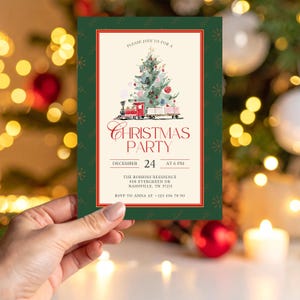 May include: A Christmas party invitation with a watercolor illustration of a Christmas tree and a train. The invitation is green with a red border and includes the text "Christmas Party" and event details.