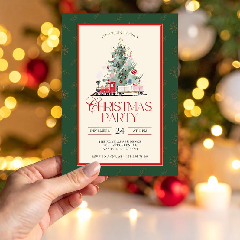 May include: A Christmas party invitation with a watercolor illustration of a Christmas tree and a train. The invitation is green with a red border and includes the text "Christmas Party" and event details.