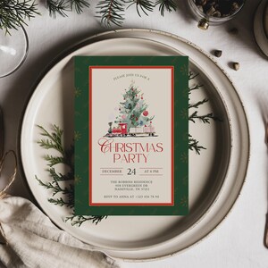 May include: A Christmas party invitation with a green border and a red inner frame. The invitation features a watercolor illustration of a Christmas tree, a train, and the text "Christmas Party". The date is December 24th at 6 PM.