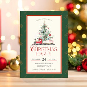 May include: Christmas party invitation with a green border and a red and white frame. The invitation features a watercolor illustration of a Christmas tree and a train. The text reads "Christmas Party" and includes date, time, and RSVP information.
