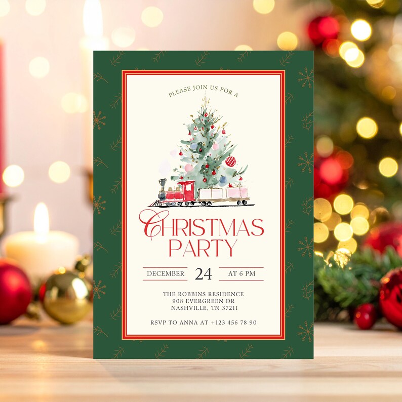 May include: Christmas party invitation with a green border and a red and white frame. The invitation features a watercolor illustration of a Christmas tree and a train. The text reads "Christmas Party" and includes date, time, and RSVP information.