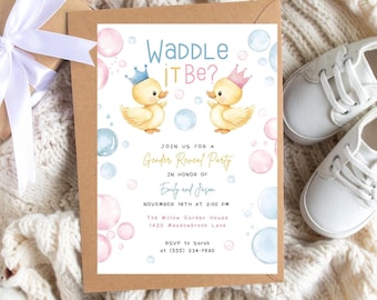 Gender Reveal Party Invitation, Waddle It Be Invite, Ducks gender reveal party invitation, DIY Canva Template, Easy to Edit