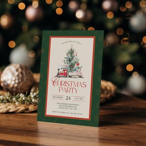 May include: A Christmas party invitation with a green border and a red inner frame. The invitation features a watercolor illustration of a Christmas tree with a toy train. The text reads "Christmas Party" and includes date, time, and RSVP information.