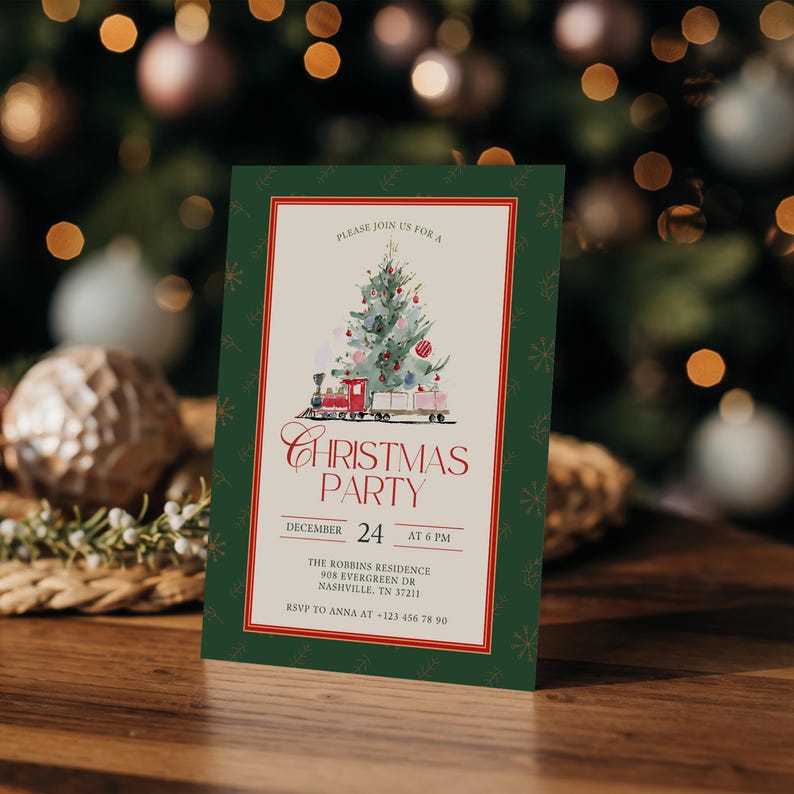 May include: A Christmas party invitation with a green border and a red inner frame. The invitation features a watercolor illustration of a Christmas tree with a toy train. The text reads "Christmas Party" and includes date, time, and RSVP information.