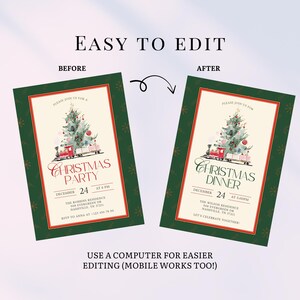 May include: Two Christmas party invitations. The left invitation reads "Christmas Party" and the right invitation reads "Christmas Dinner". Both have a green border, a Christmas tree, and a toy train illustration.