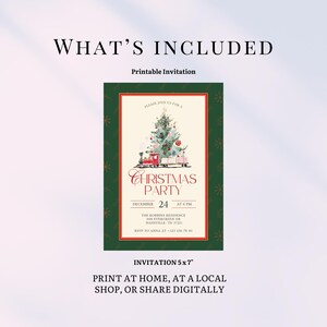 May include: A printable Christmas party invitation with a festive design. The invitation features a watercolor illustration of a decorated Christmas tree and a toy train. The text includes party details and RSVP information. The invitation measures 5x7 inches.