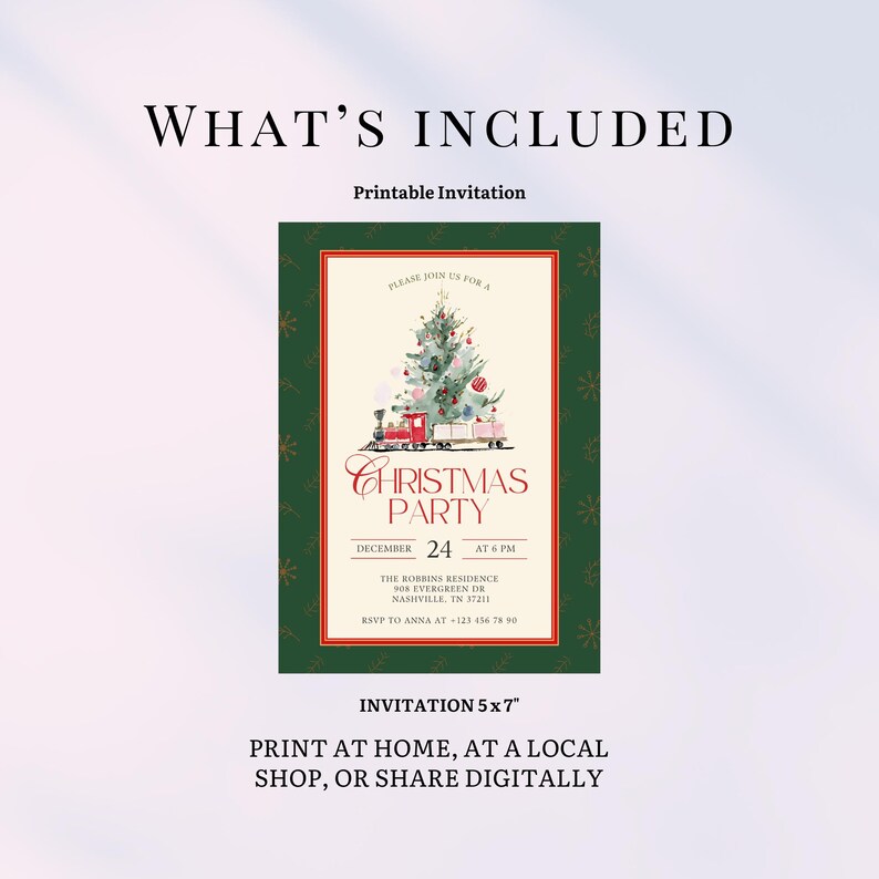 May include: A printable Christmas party invitation with a festive design. The invitation features a watercolor illustration of a decorated Christmas tree and a toy train. The text includes party details and RSVP information. The invitation measures 5x7 inches.