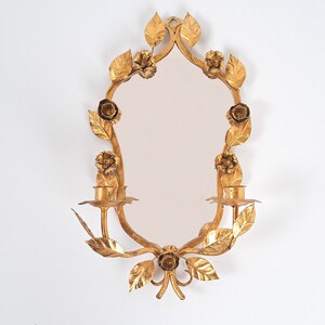 Antique Florentine Flower Gilded Mirror with Candleholders, Made in France around 1930s