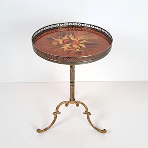 Vintage Italian Wood/Brass inlaid flower Side Table-Italy Mid-Century Wooden End table -1960s- Louis XV coffee table-End table-Wine table