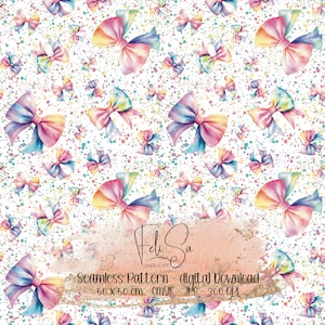 May include: A seamless pattern featuring watercolor bows in shades of pink, blue, yellow, and purple, scattered across a white background with colorful paint splatters. The pattern measures 50 x 50 cm.