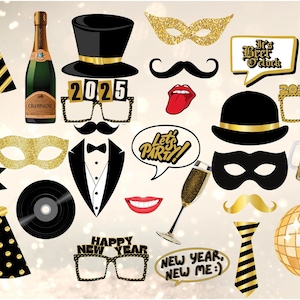Adereços para cabine de fotos de festa Festa de Natal Feliz Ano Novo 2025 Óculos Adereços para selfie Casa Engraçado DIY Festa de véspera Festa de aniversário PARA IMPRIMIR