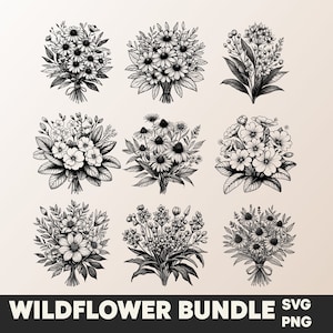 Paquete svg de ramo de flores, svg floral, svg de flores silvestres, svg de ramo, svg de flores, svg botánico, paquete de svg de ramo floral, plantas de campo svg