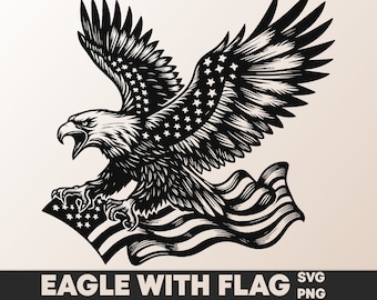 Pode incluir: Uma ilustração em preto e branco de uma águia com as asas abertas, segurando uma bandeira americana em suas garras. As penas da águia são detalhadas com estrelas, e a bandeira está a ondular ao vento.