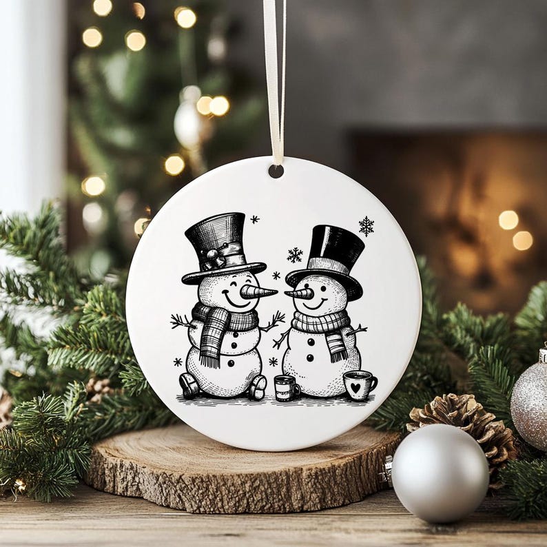 May include: A white, circular Christmas ornament with a black and white illustration of two snowmen wearing top hats and scarves. The design includes snowflakes and small cups. A cream ribbon is attached for hanging.