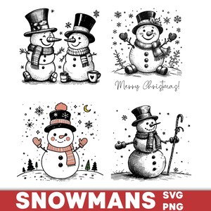 May include: Four charming snowman illustrations in black and white. Each snowman is depicted with a top hat and scarf, featuring details such as buttons, carrot noses, and twig arms. One image includes the text "Merry Christmas!" and the bottom of the image says "SNOWMANS SVG PNG".