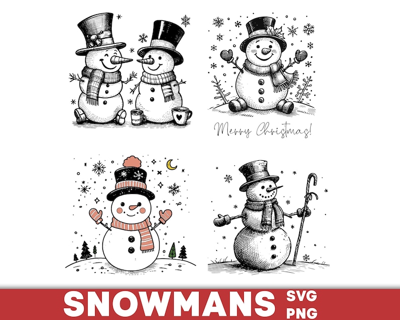 May include: Four charming snowman illustrations in black and white. Each snowman is depicted with a top hat and scarf, featuring details such as buttons, carrot noses, and twig arms. One image includes the text "Merry Christmas!" and the bottom of the image says "SNOWMANS SVG PNG".