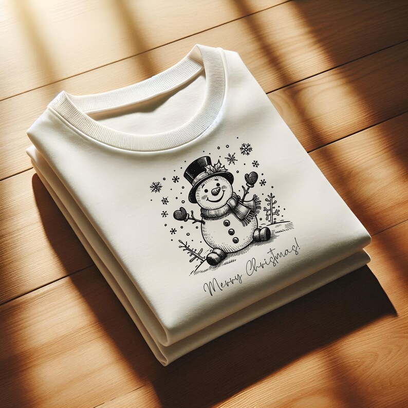 May include: Cream-coloured sweatshirt featuring a black and white snowman illustration wearing a top hat and scarf. The text "Merry Christmas!" is below the snowman. The sweatshirt is folded on a wooden surface.