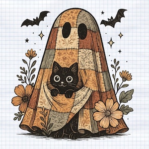 May include: A whimsical illustration of a black cat peeking out from a patchwork ghost costume. The ghost is adorned with floral accents, bats, and stars, creating a charming Halloween theme. The artwork is set against a grid background.