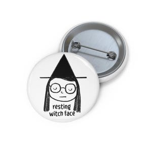 Witch Button Pin, Resting Witch Face, Halloween Pin, Sorcery Gift, Magic Button Badge, Cute Witch Accessory