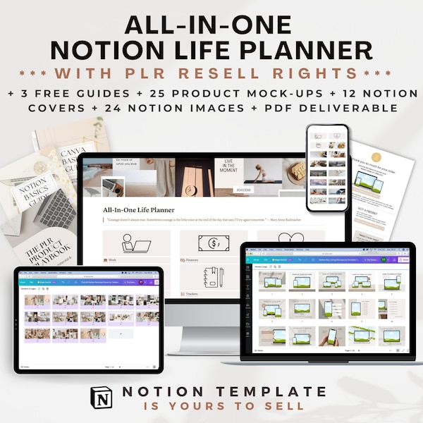 All In One Notion Bundle with Product Mock Ups, PLR Notion Template Life Planner, Plr Planner with Resell Rights, PLR Notion, PLR Bundle