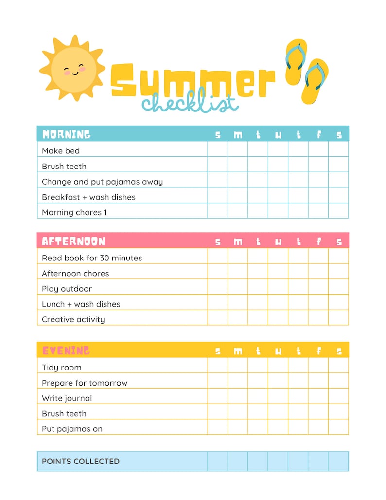 May include: A printable summer checklist with a yellow sun and flip flops. The checklist is divided into three sections: Morning, Afternoon, and Evening. Each section has a list of tasks to complete, such as making the bed, reading a book, and tidying the room. There is a grid for each day of the week to check off the tasks.